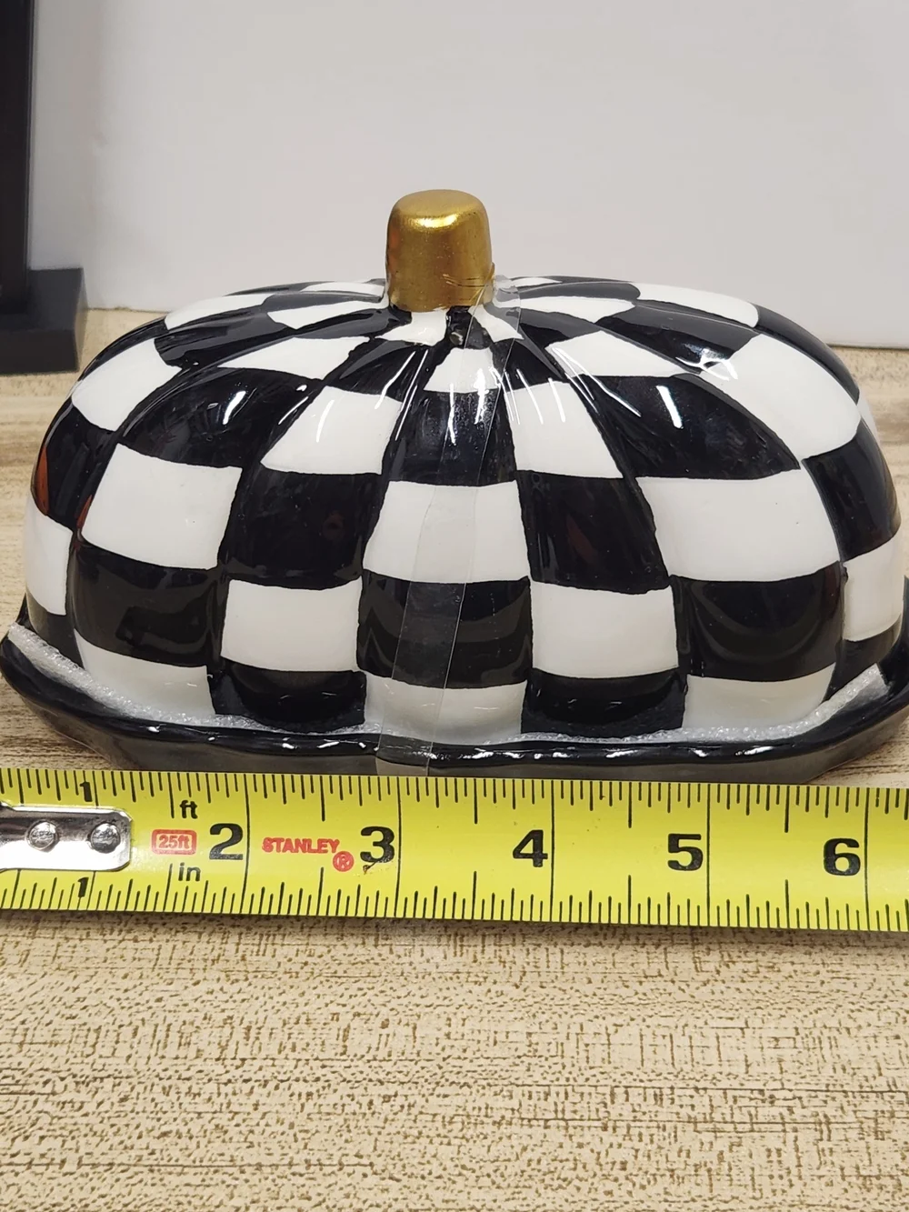Salem St. Hand-Painted Black & White Check Pumpkin with Gold Stem